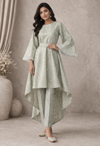 Sage Green Jacquard High and Low Top and Pants