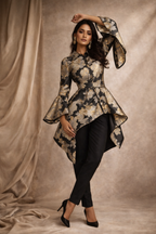 Black with accents of gold and silver Jacquard asymmetrical jacket with straight pants and bell sleeves