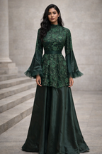 Green embroidered peplum gown with bell sleeves | Pre-order