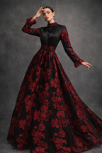 Black structured satin gown with deep burgundy motif and straight sleeves | Pre-order