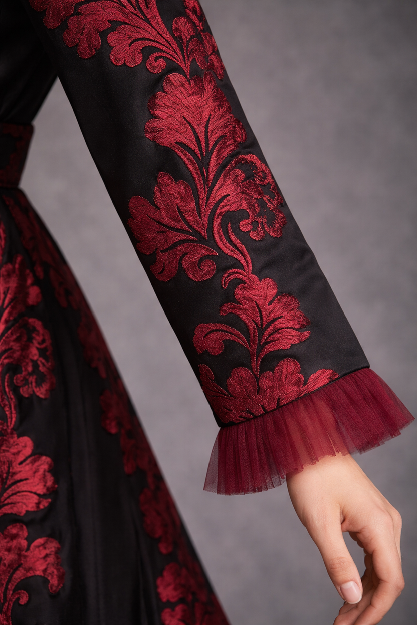 Black structured satin gown with deep burgundy motif and straight sleeves