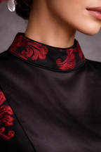 Black structured satin gown with deep burgundy motif and straight sleeves | Pre-order