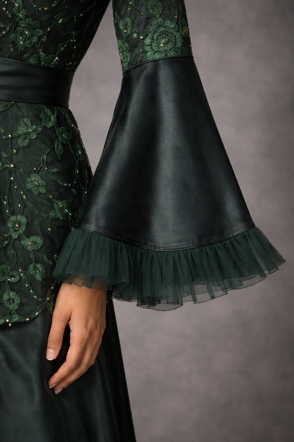 Green embroidered peplum gown with bell sleeves | Pre-order
