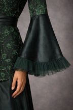 Green embroidered peplum gown with bell sleeves | Pre-order