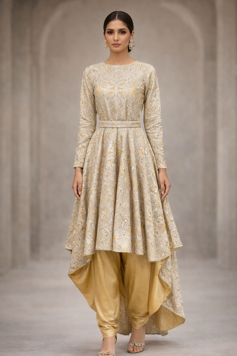 Sand high & low set with metallic Zari design and straight sleeves | Pre-Order