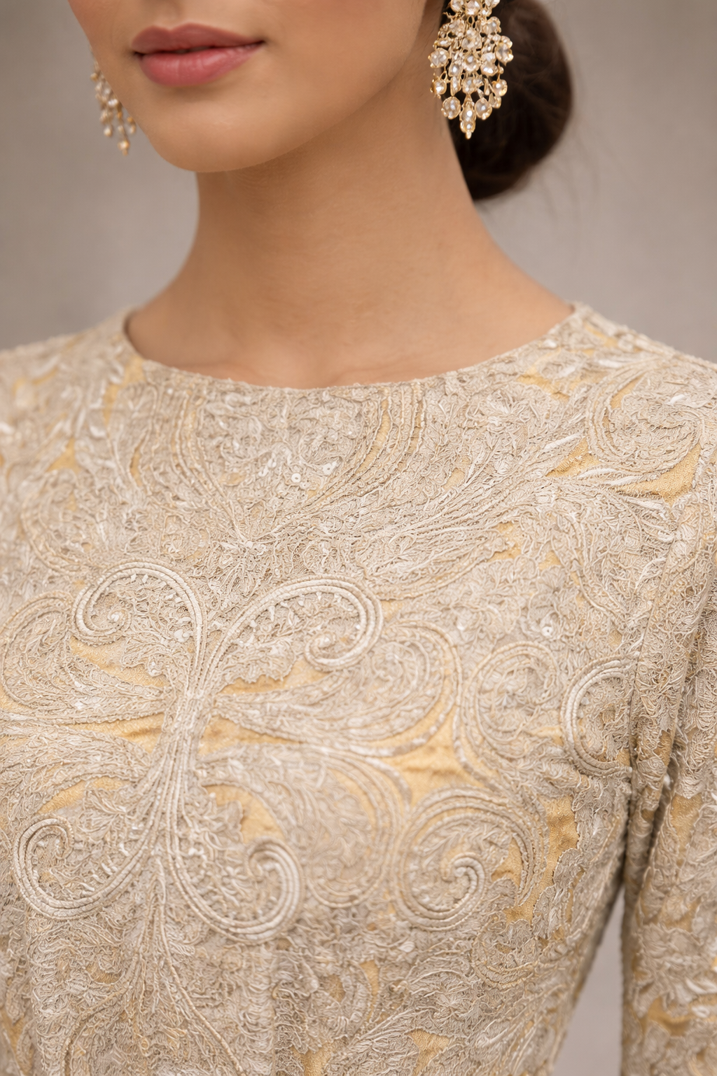 Sand high & low set with metallic Zari design and straight sleeves | Pre-Order