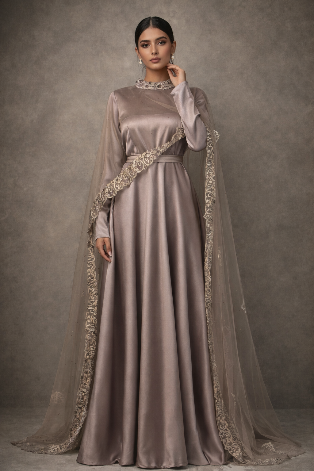 Sana Cape Style Satin Gown and Lace Cape | Pre-order