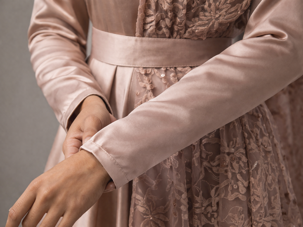 blush pink Peach Satin Gown with Side Lace | Pre-order