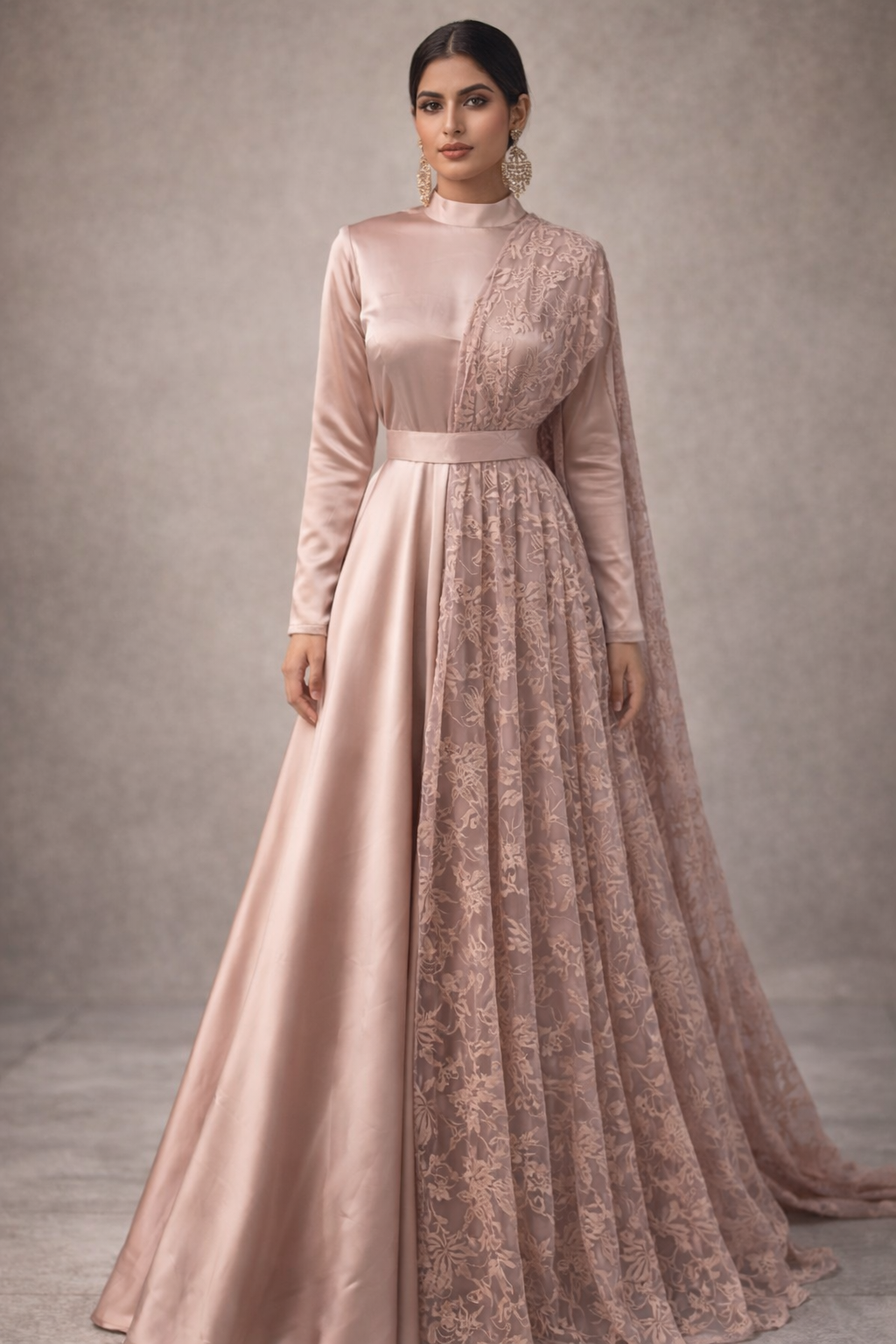 blush pink Peach Satin Gown with Side Lace | Pre-order