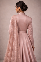blush pink Peach Satin Gown with Side Lace | Pre-order