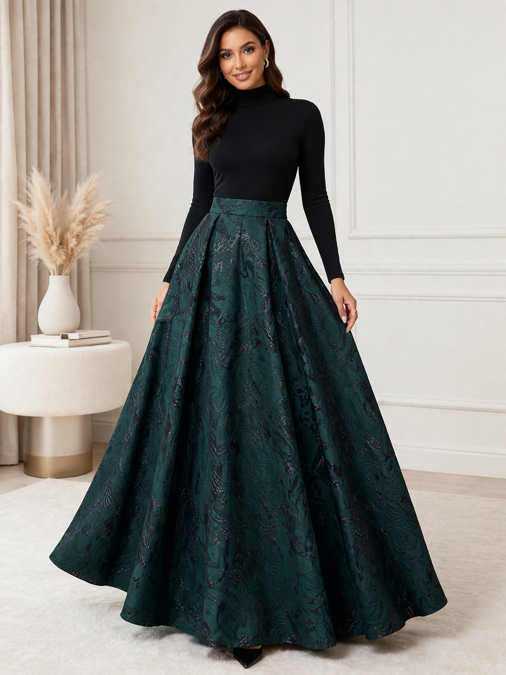 Green Jacquard Box pleated skirt
