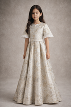 Kids white and gold jacquard gown with funnel sleeves