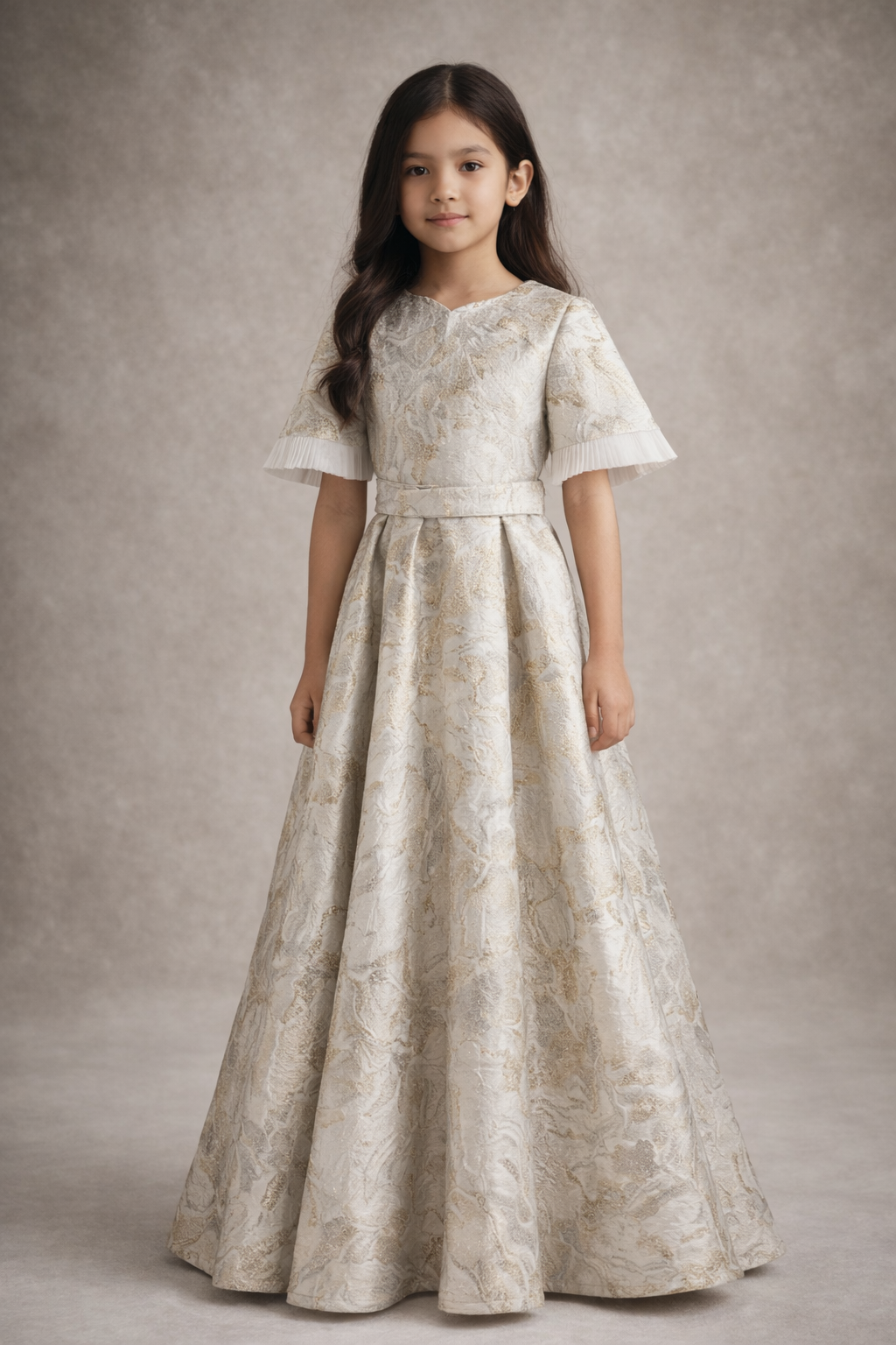 Kids white and gold jacquard gown with funnel sleeves