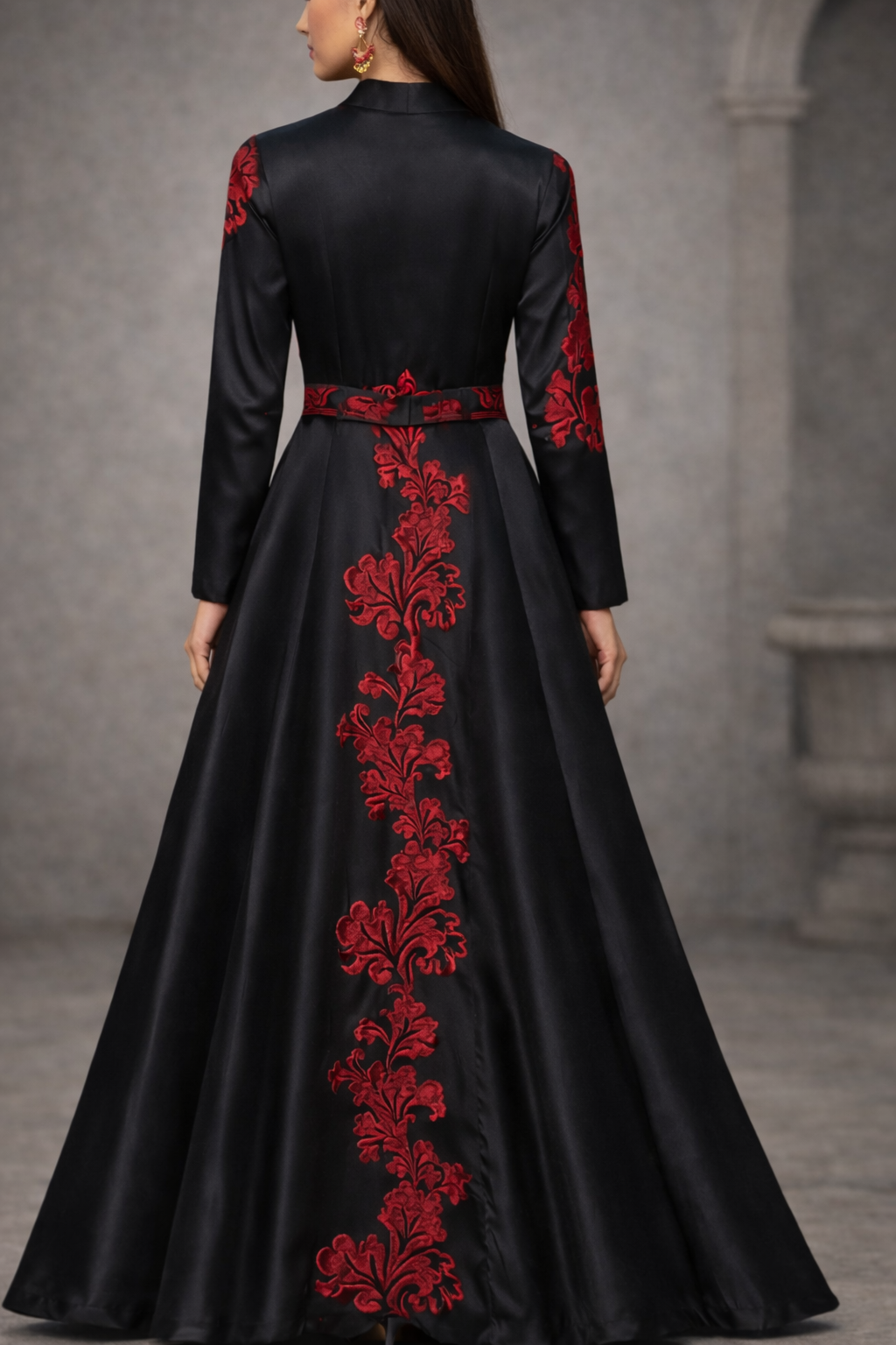 Black satin dress with red floral embroidery on the sleeves - Pre Order
