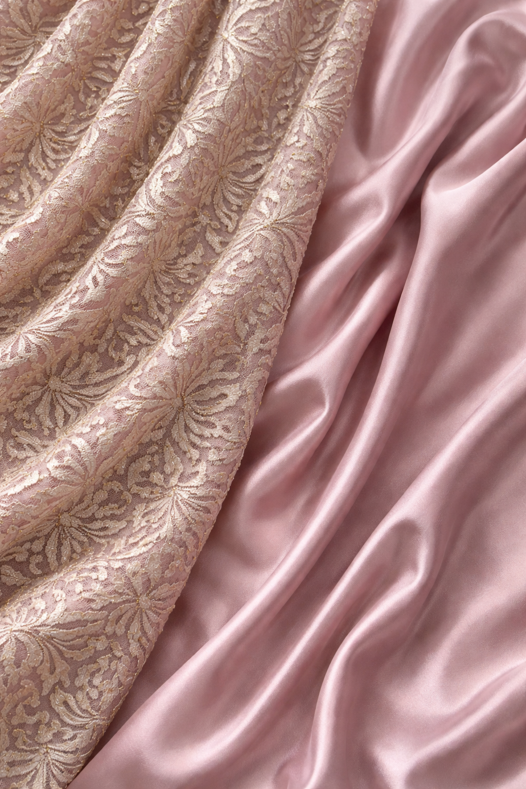 Blush Pink satin dress with lace drape and straight sleeves