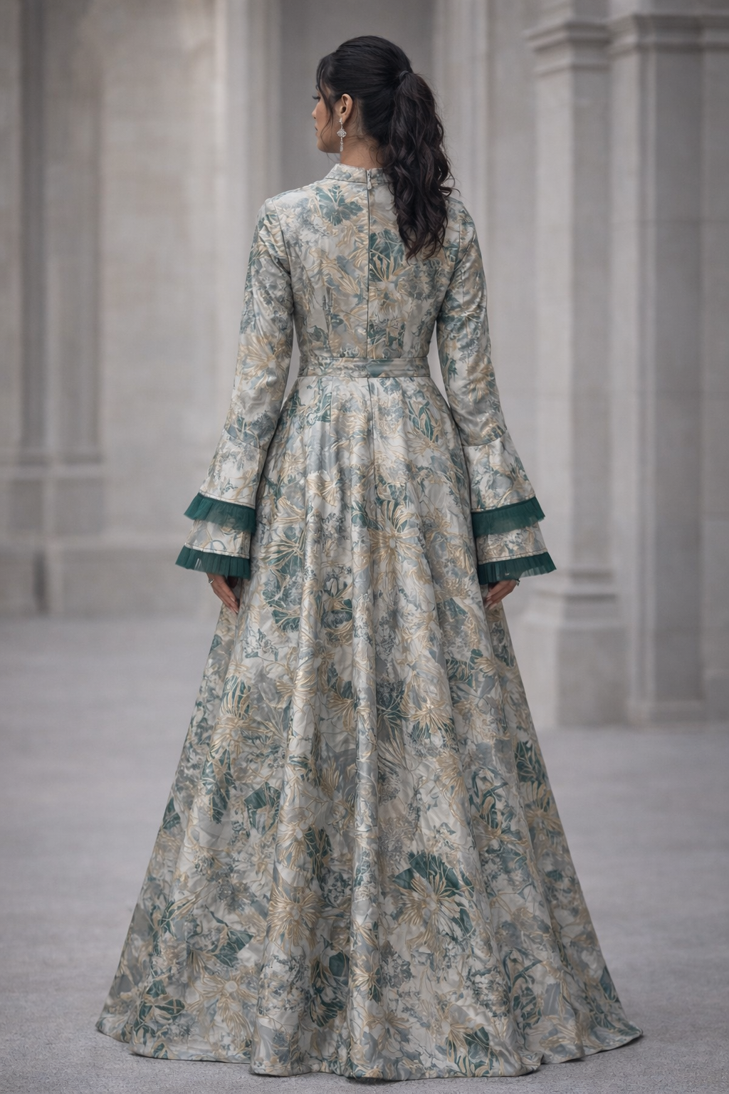 R85 Jacquard Gown with Bell Sleeves and Double Frill