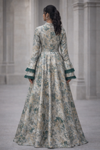 R85 Jacquard Gown with Bell Sleeves and Double Frill