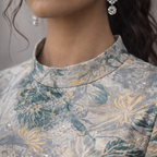 R85 Jacquard Gown with Bell Sleeves and Double Frill