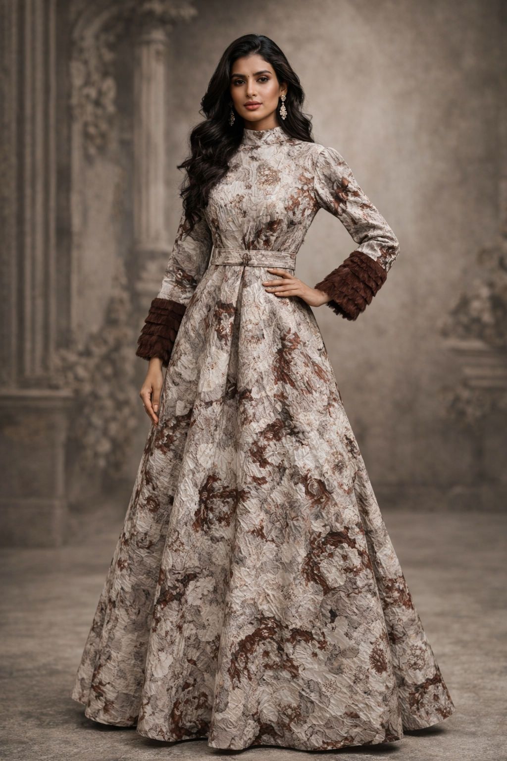 Off White and brown jacquard gown with straight sleeves with net Ruffles | Pre-Order