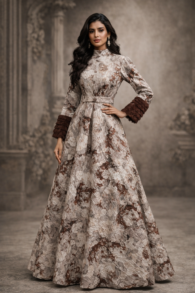 Off White and brown jacquard gown with straight sleeves with net Ruffles