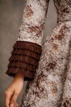 Off White and brown jacquard gown with straight sleeves with net Ruffles | Pre-Order
