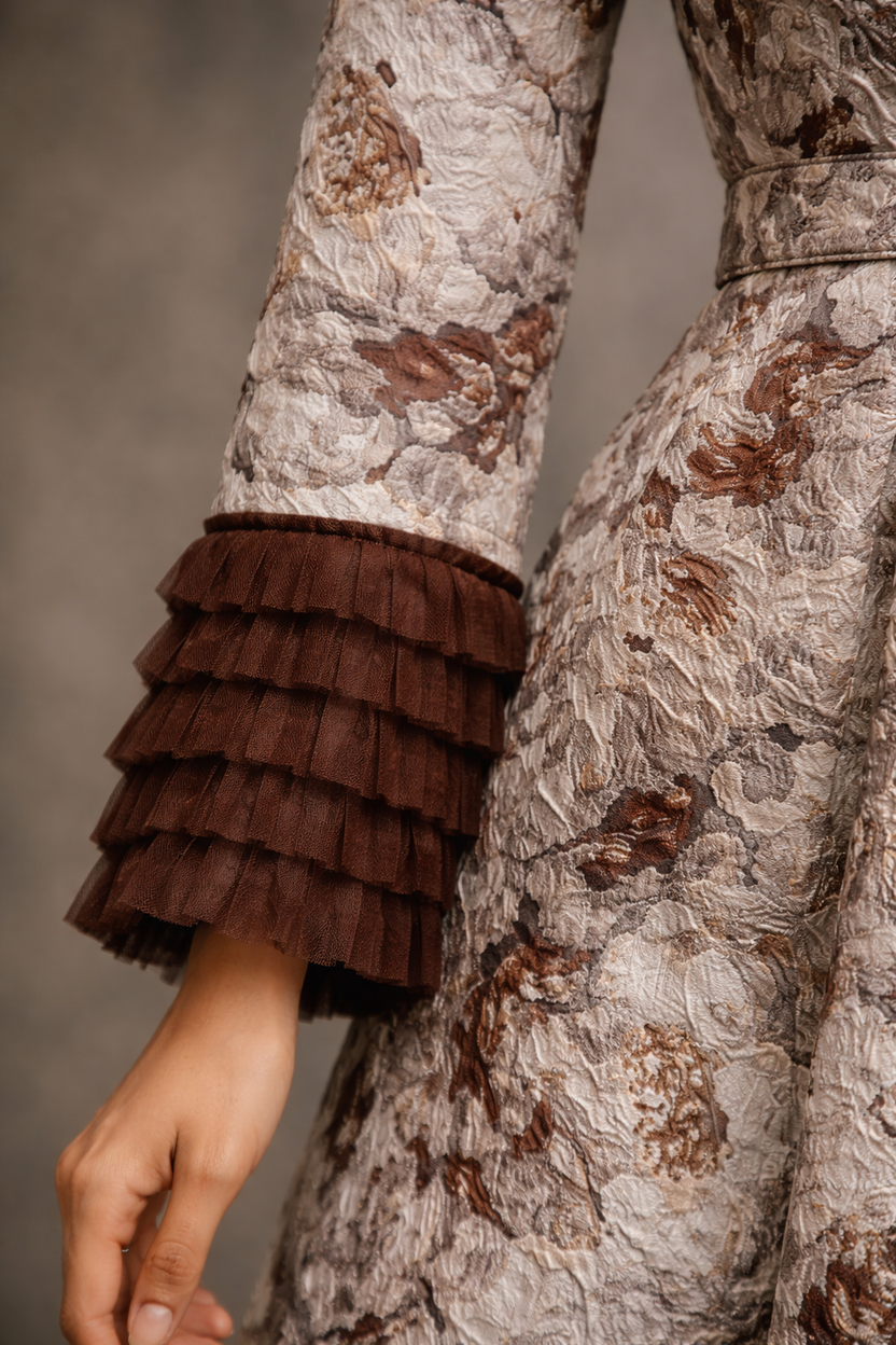 Off White and brown jacquard gown with straight sleeves with net Ruffles