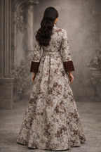 Off White and brown jacquard gown with straight sleeves with net Ruffles | Pre-Order