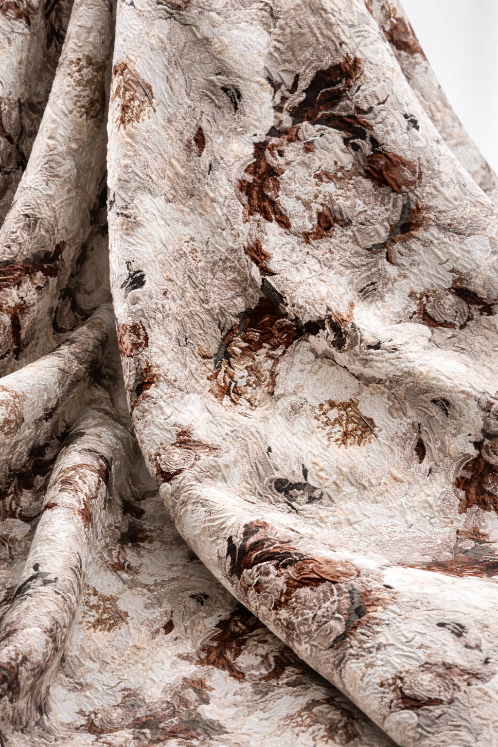 Off White and brown jacquard gown with straight sleeves with net Ruffles | Pre-Order