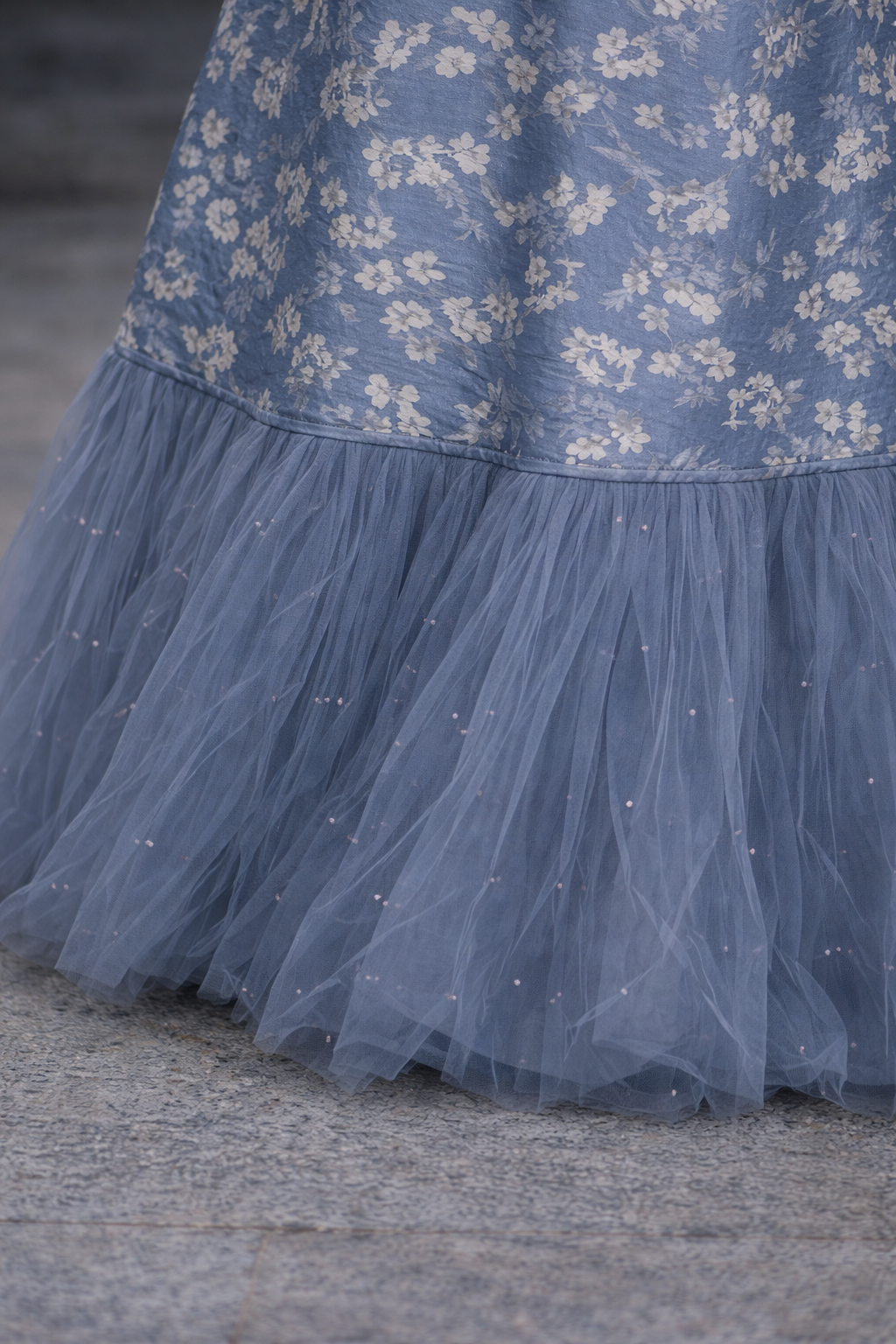 Blue with white flower pattern Jacquard gown with straight sleeves and lace tulle - Pre Order