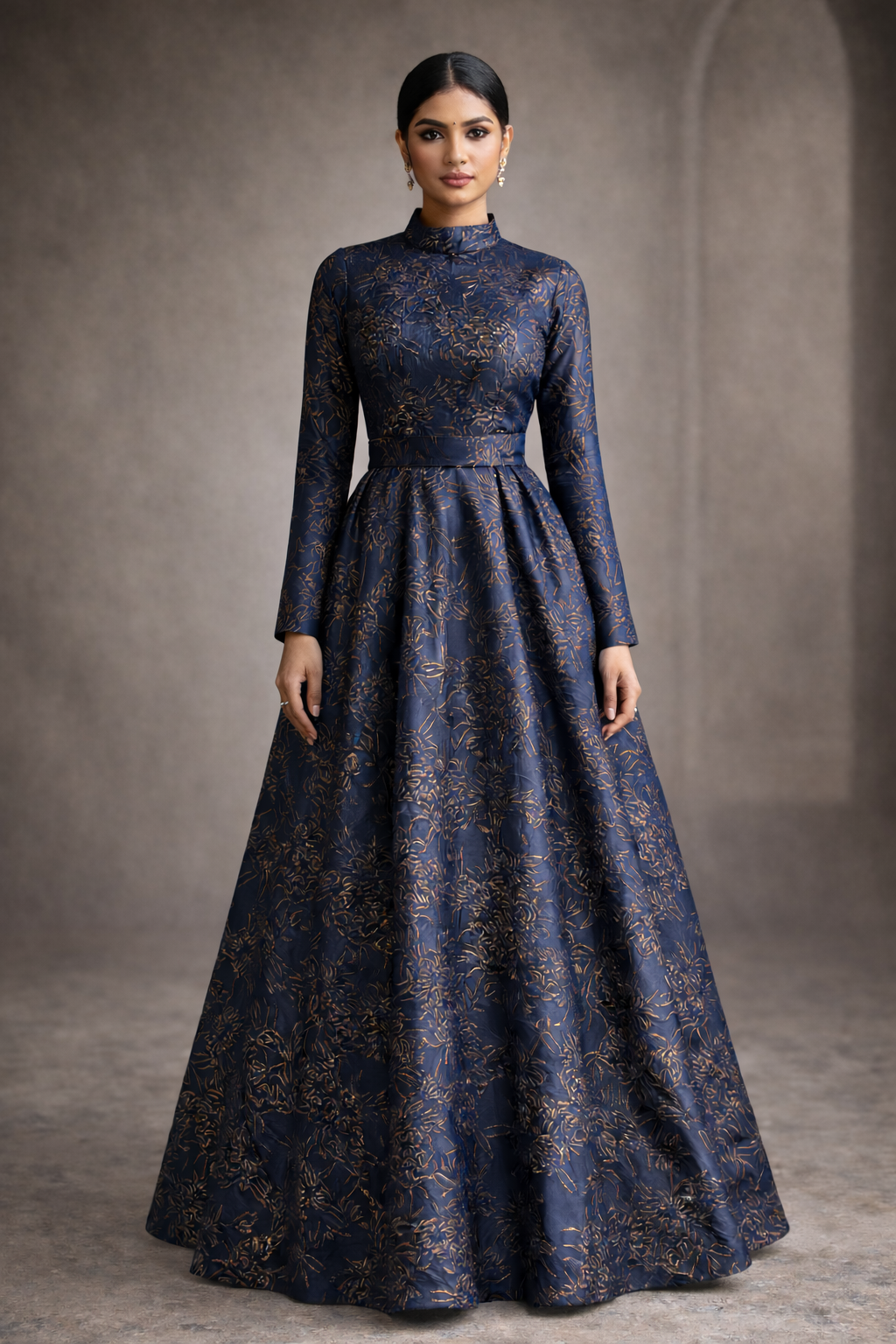 Blue gracia jacquard gown with gold accents and straight sleeves non-embellished - Pre Order