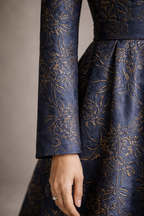 Blue gracia jacquard gown with gold accents and straight sleeves non-embellished - Pre Order