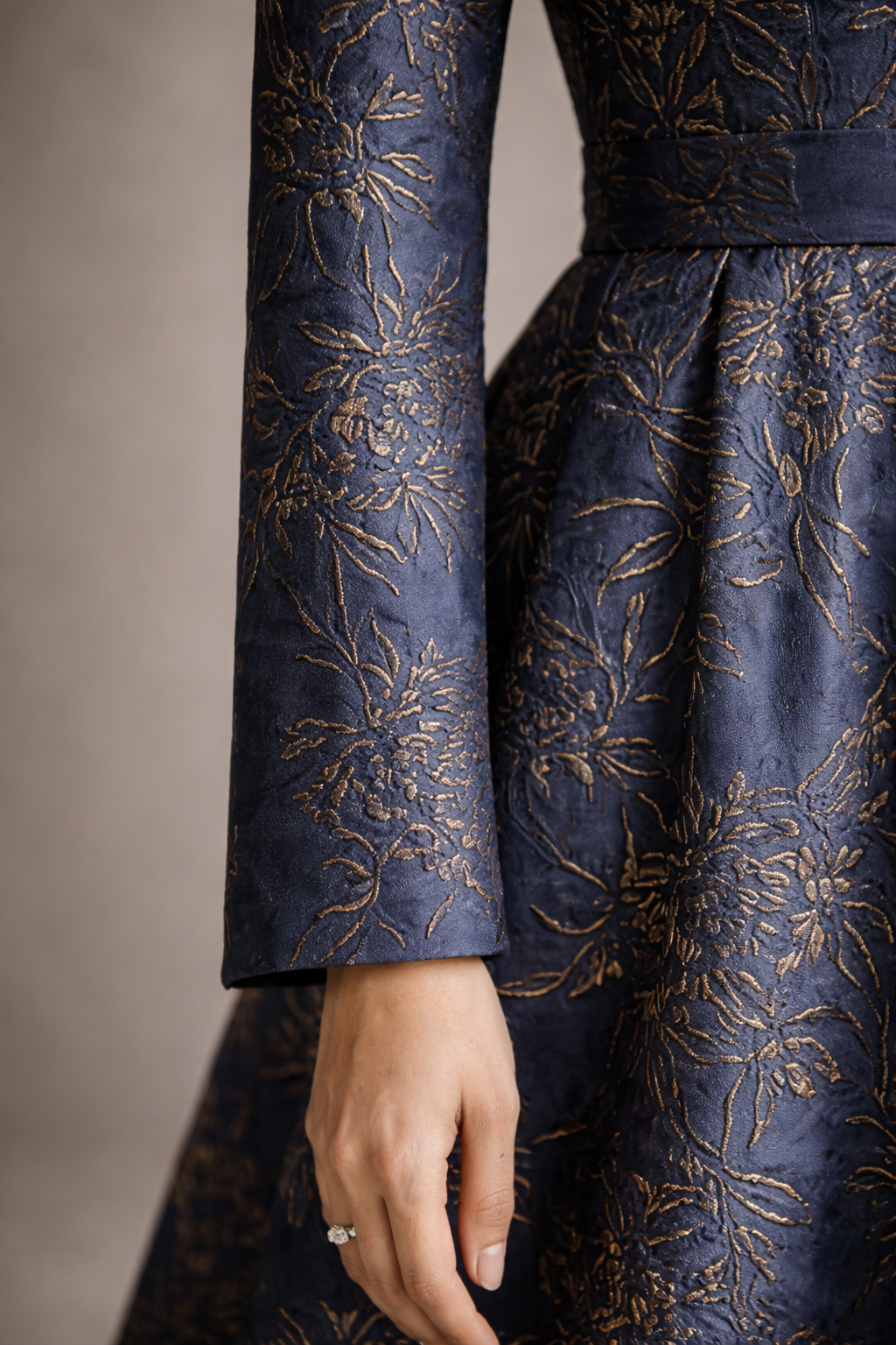 Blue gracia jacquard gown with gold accents and straight sleeves non-embellished - Pre Order