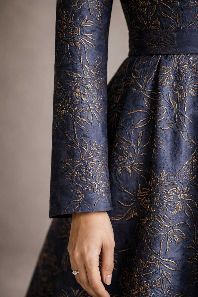 Blue gracia jacquard gown with gold accents and straight sleeves non-embellished - Pre Order