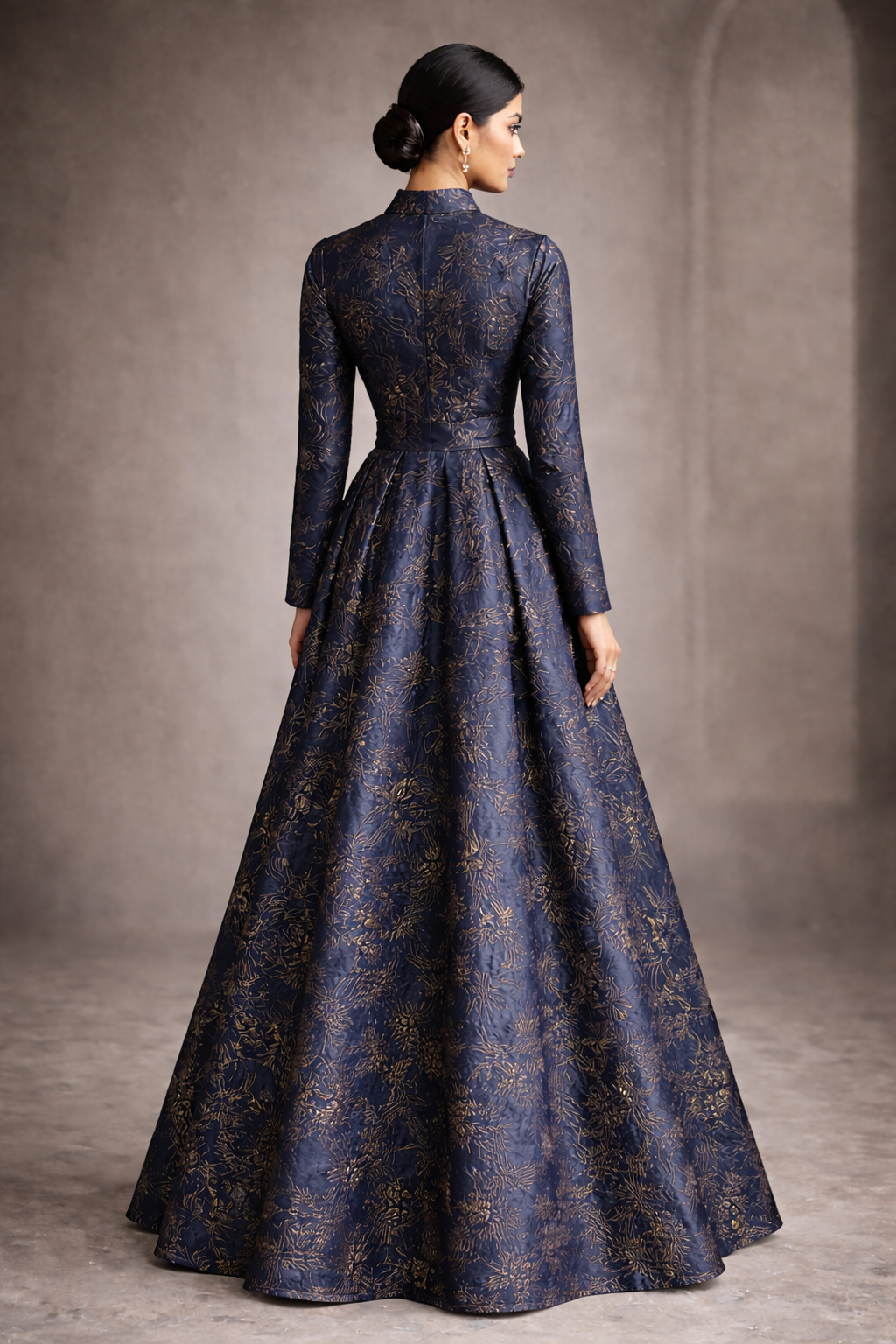 Blue gracia jacquard gown with gold accents and straight sleeves non-embellished - Pre Order