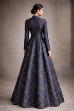 Blue gracia jacquard gown with gold accents and straight sleeves non-embellished - Pre Order