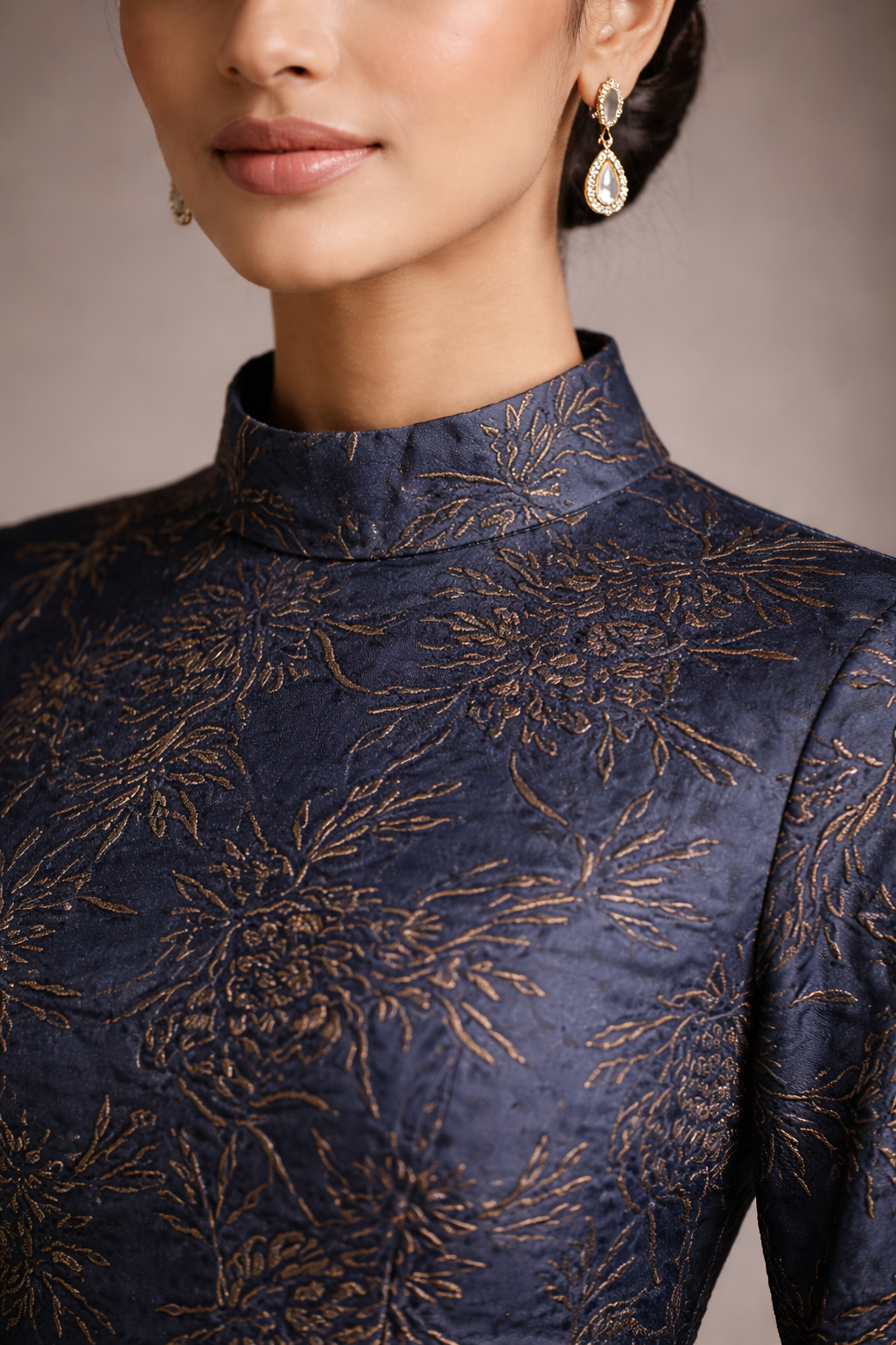 Blue gracia jacquard gown with gold accents and straight sleeves non-embellished - Pre Order