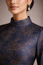 Blue gracia jacquard gown with gold accents and straight sleeves non-embellished - Pre Order