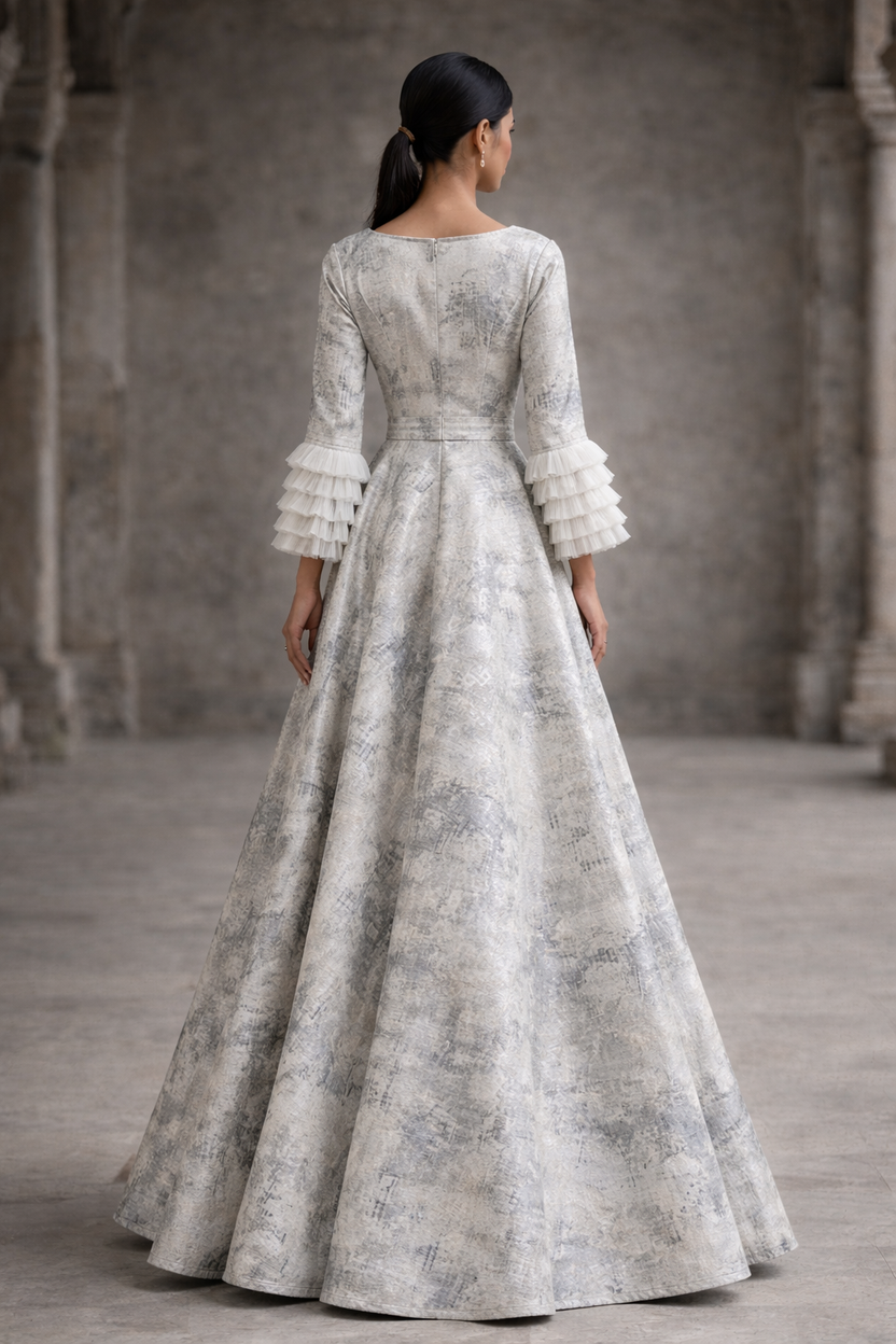 White with gray jacquard gown with a hint of silver with straight Ruffled sleeves
