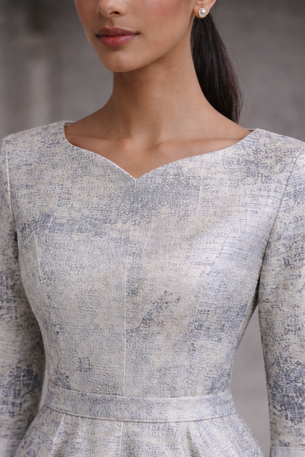 White with gray jacquard gown with a hint of silver with straight Ruffled sleeves