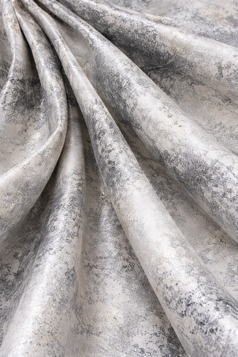 White with gray jacquard gown with a hint of silver with straight Ruffled sleeves