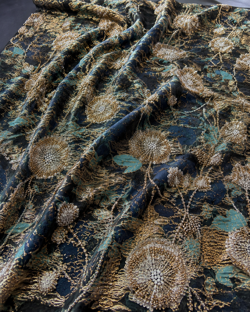 Navy Blue with Gold Jacquard Material