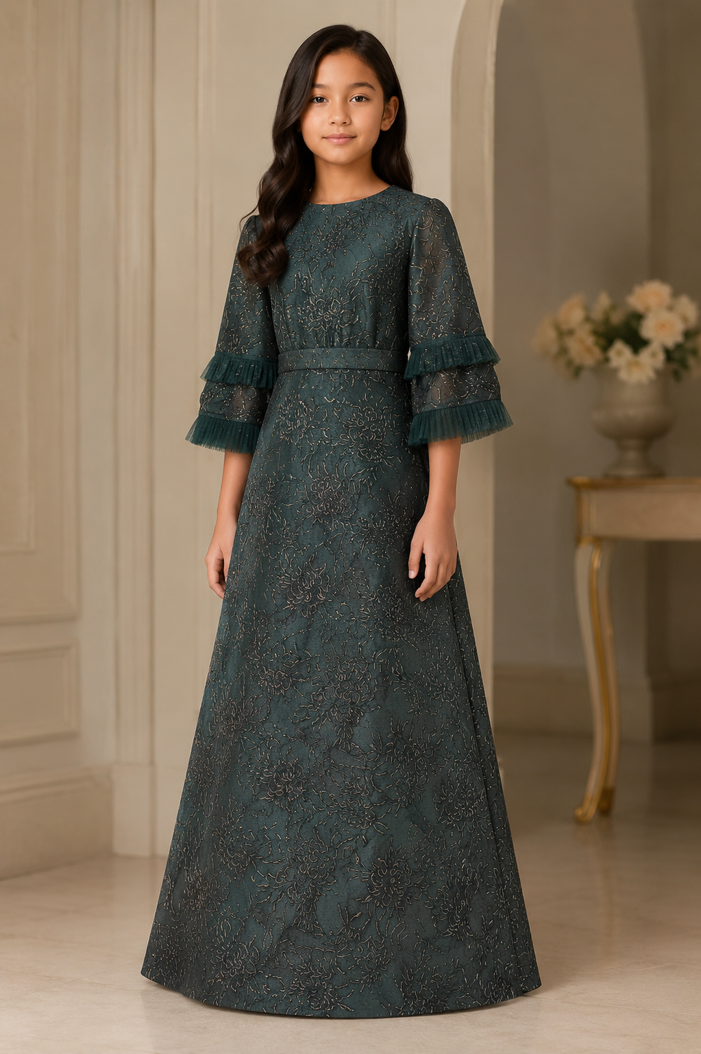 Kids Green jacquard dress with double funnel sleeves