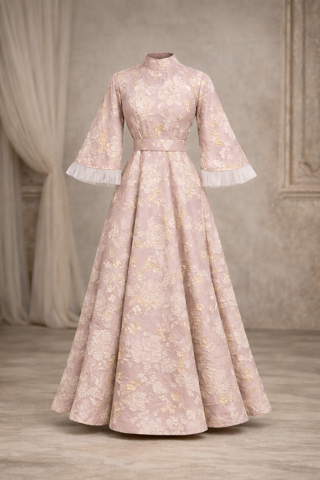 Blush pink with gold floral print and funnel sleeves