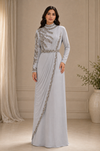 Grey saree dress with Pewter embellishment and straight sleeves | Pre-order