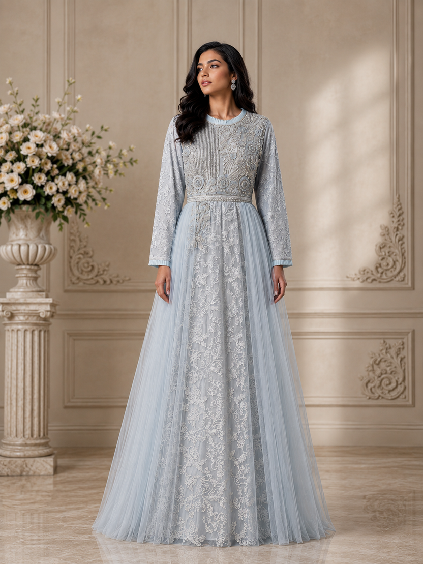 Powder blue dress with straight sleeves and removable skirt tulle