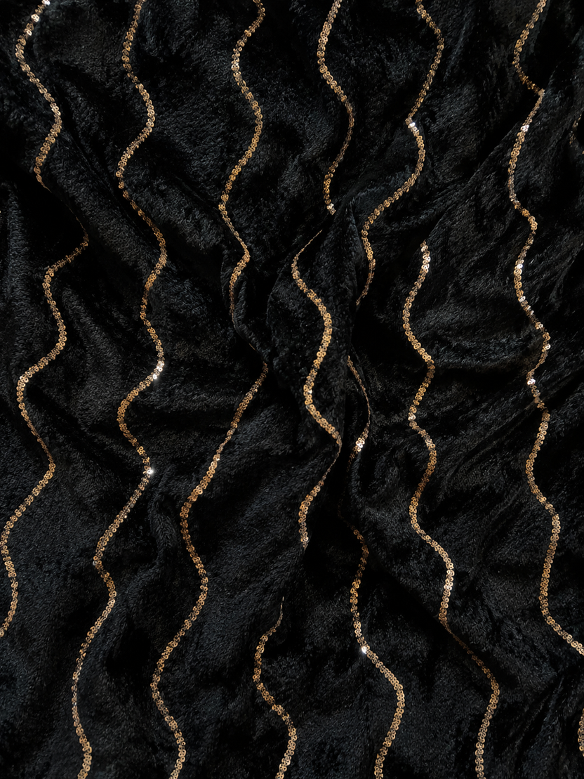 Hiware Bazar | Black unstitched material with sequined waves