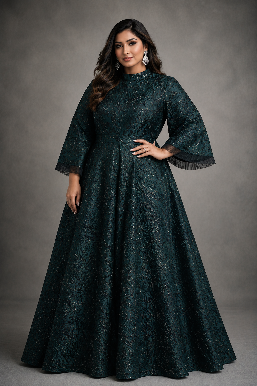 Green Jacquard gown with black accents and funnel sleeves - Pre Order
