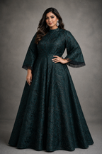 Green Jacquard gown with black accents and funnel sleeves - Pre Order