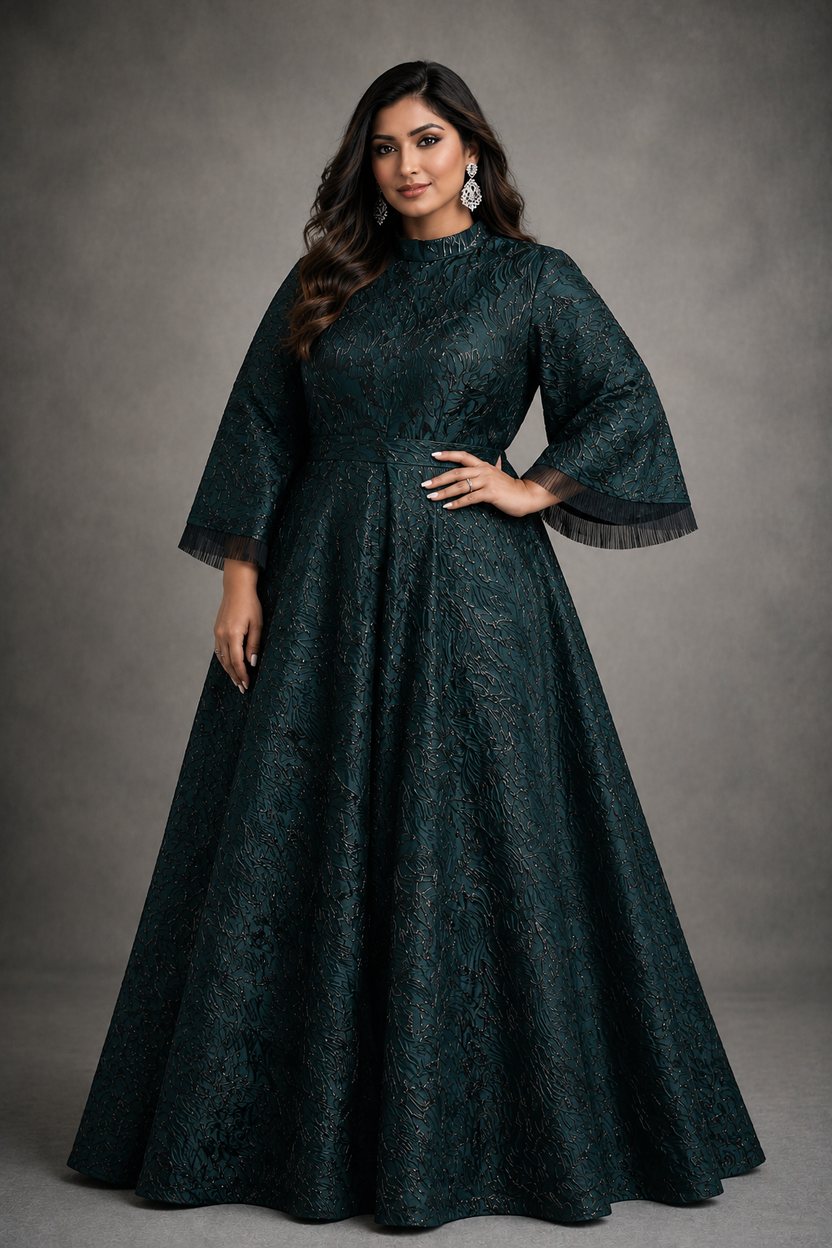 Green Jacquard gown with black accents and funnel sleeves