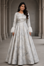 White with gray jacquard gown with a hint of silver with straight Ruffled sleeves | Pre-Order